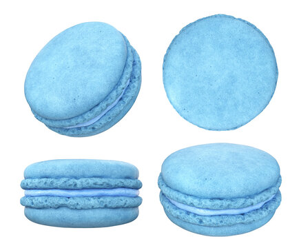 A set of blue macaroons from different angles on the side, top, front on a white background, 3d render