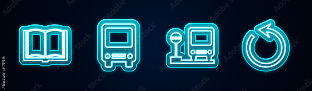 Wall mural Set line Open book, Bus, stop and Refresh. Glowing neon icon. Vector