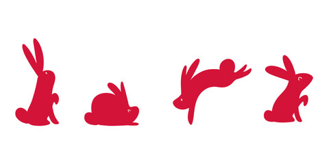 Vector Flat Christmas red rabbits silhouettes in different poses for New Year decoration elements design. Bunny sit, jump, stand. 2023 the year of the rabbit.