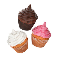 Collection of floating cupcakes with white, chocolate, pink cream on a white background, 3d render