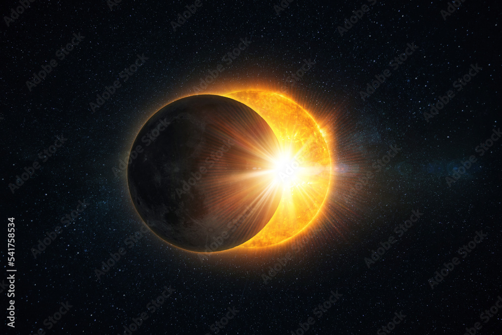 Poster Amazing solar eclipse and rays of light on the starry sky. Sun and moon in space