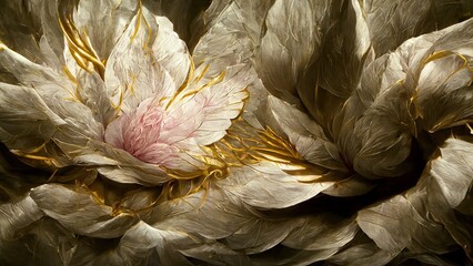 Rose Peony flowers and feathers close up