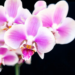 Blooming pink orchid on a black background. Home flowers, floriculture, hobbies.