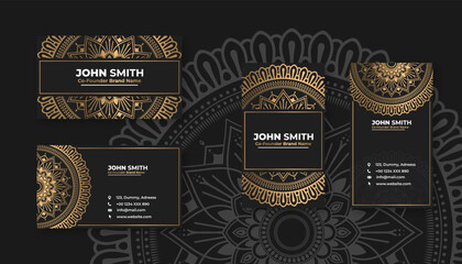 Luxury black business card with golden mandala decoration designs, Bright floral ornamental elements