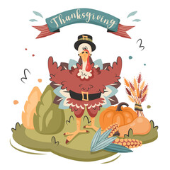 Cute turkey with traditional hat stands on garden and congratulates. Thanksgiving card. Autumn harvest, pumpkins, ears of wheat, corn, frame. Vector cartoon illustration for banner, poster, invitation