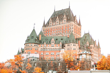 The Frontenac Castle Fairmount Hotel in the old Quebec city in Canada with autumn colors.
