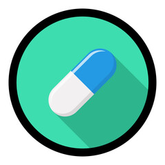 Blue Pill Capsule, Medicine, vector mark symbols green style. Black Stroke design. Isolated icon.