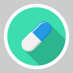 Blue Pill Capsule, Medicine, vector mark symbols green style. White Stroke design. Isolated icon.