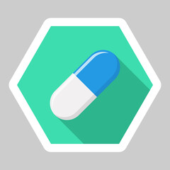 Blue Pill Capsule, Medicine, vector mark symbols green style. White Stroke design. Isolated icon.
