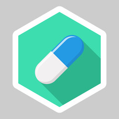 Blue Pill Capsule, Medicine, vector mark symbols green style. White Stroke design. Isolated icon.