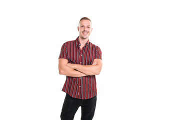 portrait of handsome young man. Cheerful men isolated on gray background studio shot