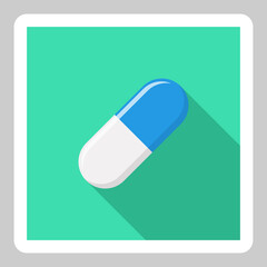 Blue Pill Capsule, Medicine, vector mark symbols green style. White Stroke design. Isolated icon.