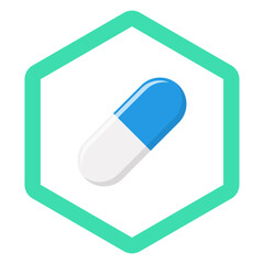 Blue Pill Capsule, Medicine, vector mark symbols green style. Isolated icon.