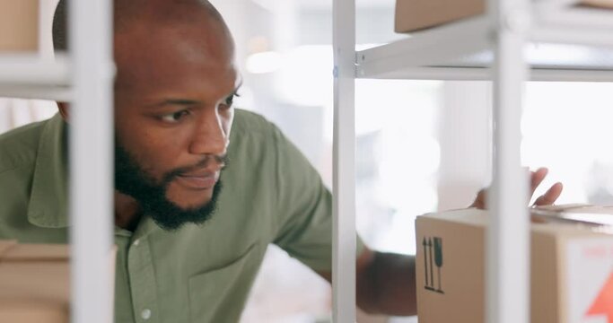 Inventory management, ecommerce package and delivery man checking product goods in boxes for a customer order. Online shopping warehouse, safe courier transport and retail stock logistics management
