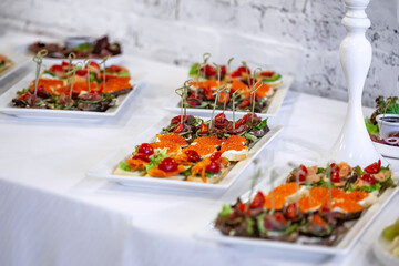 Celebration Party Concept. Food on the party. Decorated catering banquet table with different food snacks and appetizers with sandwich. Cuisine сulinary buffet dinner catering dining food.