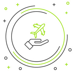 Line Plane in hand icon isolated on white background. Flying airplane. Airliner insurance. Security, safety, protection, protect concept. Colorful outline concept. Vector