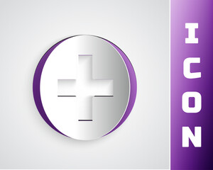 Paper cut Cross hospital medical icon isolated on grey background. First aid. Diagnostics symbol. Medicine and pharmacy sign. Paper art style. Vector Illustration