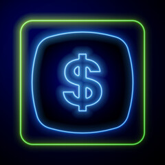 Fototapeta premium Glowing neon Dollar symbol icon isolated on blue background. Cash and money, wealth, payment symbol. Casino gambling. Vector