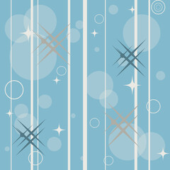 Seamless Christmas background illustration with blue and grey stars, white vertical lines and circles decoration on blue background