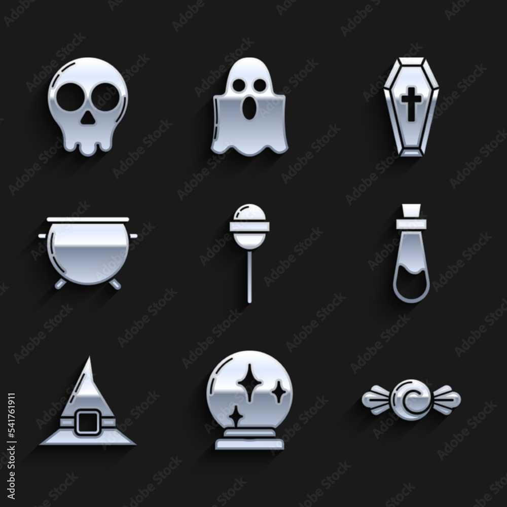 Wall mural Set Lollipop, Magic ball, Candy, Bottle with potion, Witch hat, Halloween witch cauldron, Coffin christian cross and Skull icon. Vector