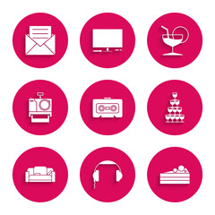 Set Retro audio cassette tape, Headphones, Cake, Wine glasses stacked in pyramid tower, Sofa, Photo camera, Martini and Envelope with invitation card icon. Vector