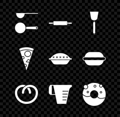 Set Measuring spoon, Rolling pin, Spatula, Pretzel, cup, Donut with sweet glaze, Slice of pizza and Homemade pie icon. Vector