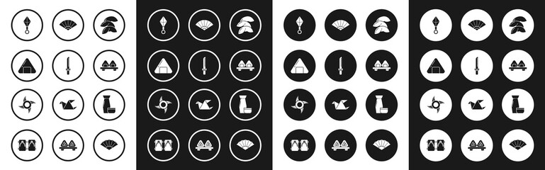 Set Chinese fortune cookie, Japanese katana, Sushi, ninja shuriken, on cutting board, Paper chinese japanese folding fan, Traditional tea ceremony and icon. Vector