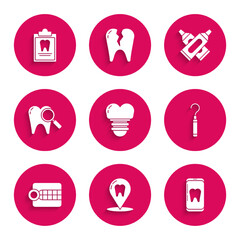 Set Dental implant, clinic location, Online dental care, explorer scaler for teeth, Dentures model, search, Crossed tube of toothpaste and Clipboard with card icon. Vector