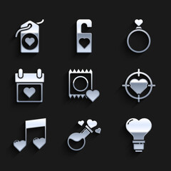 Set Condom in package, Bottle with love potion, Heart shape light bulb, the center of darts target aim, Music note, tone hearts, Calendar, Wedding rings and tag icon. Vector