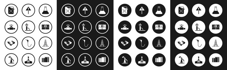 Set Oil petrol test tube, pump or pump jack, Industry pipe and valve, Canister for motor oil, Stacks paper money cash, Exclamation mark in triangle, rig with fire and Wrecked tanker ship icon. Vector