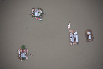 Aerial view of floating platforms for fishing in Astagram, Kishoreganj, Bangladesh.