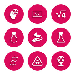 Set Test tube and flask, Triangle with radiation, Radioactive in location, Chemical formula, Square root of 4 glyph and Head symbol icon. Vector