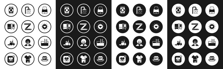 Set Women waist, Tape measure, Bed, Soda can, Sun, Shower head, Swimming pool with ladder and Fruit icon. Vector