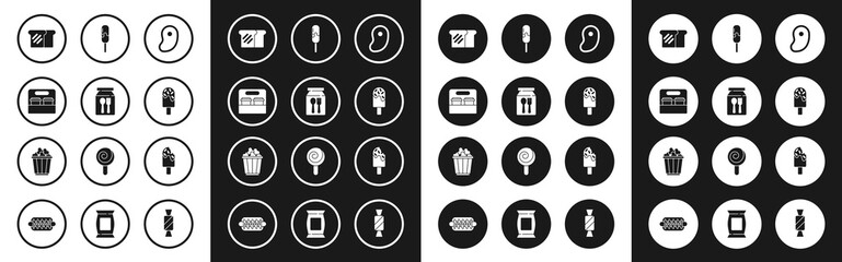Fototapeta premium Set Steak meat, Online ordering and delivery, Coffee cup to go, Bread toast, Ice cream, and Popcorn box icon. Vector