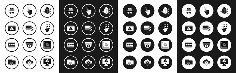Set System bug, Credit card with shield, Browser exclamation mark, Incognito mode, Password protection, Fingerprint, Safe and Laptop password icon. Vector