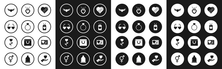 Set Candy in heart shaped box, Wedding rings, Heart love glasses, with wings, tag, Necklace, Dating app online and flower icon. Vector