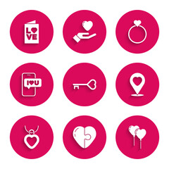 Set Key in heart shape, Heart, Balloons form of, Location with, Necklace shaped, Mobile, Wedding rings and Valentines day party flyer icon. Vector
