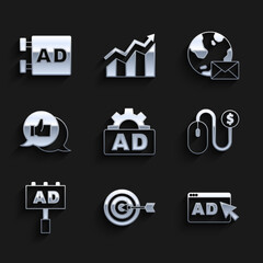 Fototapeta premium Set Advertising, Target, Customer product rating, Earth globe with mail and icon. Vector