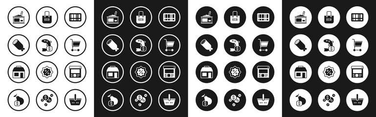 Set Barcode, Price tag for fish, Salami sausage, Tin can with caviar, Shopping cart, bag recycle, Online ordering and delivery and Market store icon. Vector