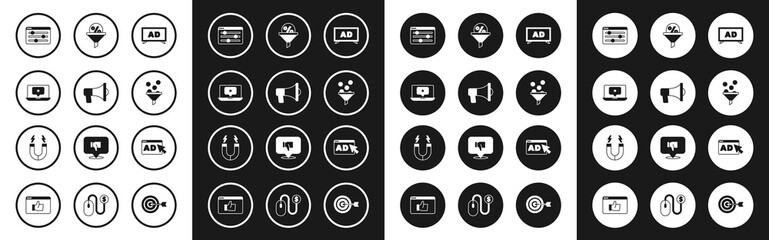 Set Advertising, Megaphone, Laptop with star, Browser setting, Lead management, and Magnet icon. Vector