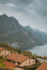 Fototapeta na wymiar Monte Bronzone view on Lake Iseo in Northern Italy - Stories vertical format and wallpaper, near Brescia and Bergamo cities in autumn
