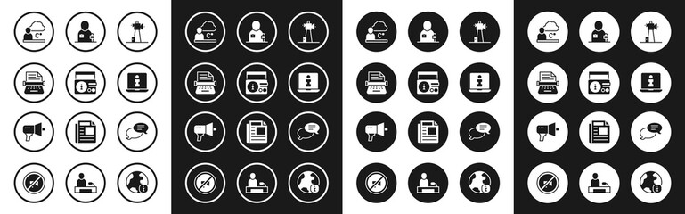 Set Antenna, News on radio channel, Retro typewriter, Weather forecast, Information, Journalist news, Speech bubble chat and Megaphone icon. Vector