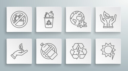Set line Sprout in hand of environmental protection, Recycle bin with recycle symbol, No plastic bottle, Battery, Solar energy panel, Planet earth recycling, and trash icon. Vector