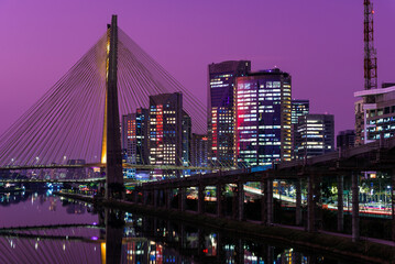 Octavio Frias de Oliveira Bridge in Sao Paulo the Landmark of the City at Night