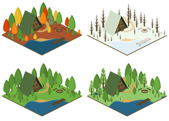 Wood cabins, holiday resort with lake, fireplace. Vector, isometric design.