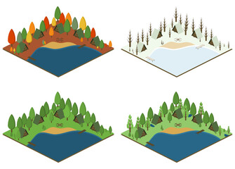 Wood cabins, holiday resort with lake, fireplace. Vector, isometric design.