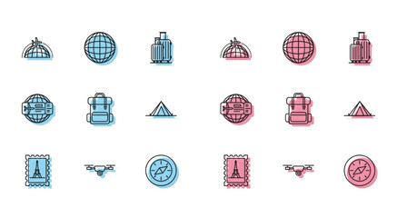 Set line Postal stamp and Eiffel tower, Drone flying with action video camera, Globe plane, Compass, Hiking backpack, Tourist tent, Airline ticket and Earth globe icon. Vector