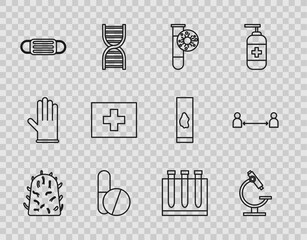 Set line Rabies virus, Microscope, Test tube with, Medicine pill or tablet, Medical protective mask, First aid kit, Blood test and and Safe distance icon. Vector