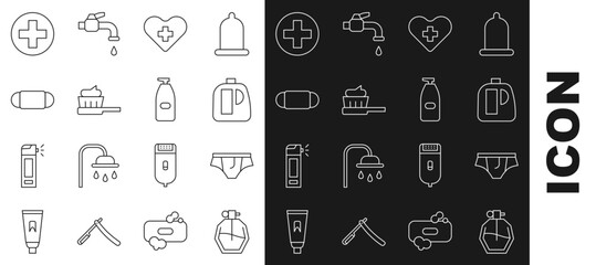 Set line Perfume, Underwear, Bottles for cleaning agent, Heart with cross, Toothbrush toothpaste, Medical protective mask, Cross hospital medical and of liquid antibacterial soap icon. Vector