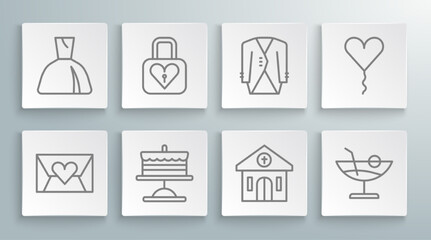 Set line Envelope with Valentine heart, Lock and, Cake on plate, Church building, Cocktail, Suit, Balloon form of and Woman dress icon. Vector